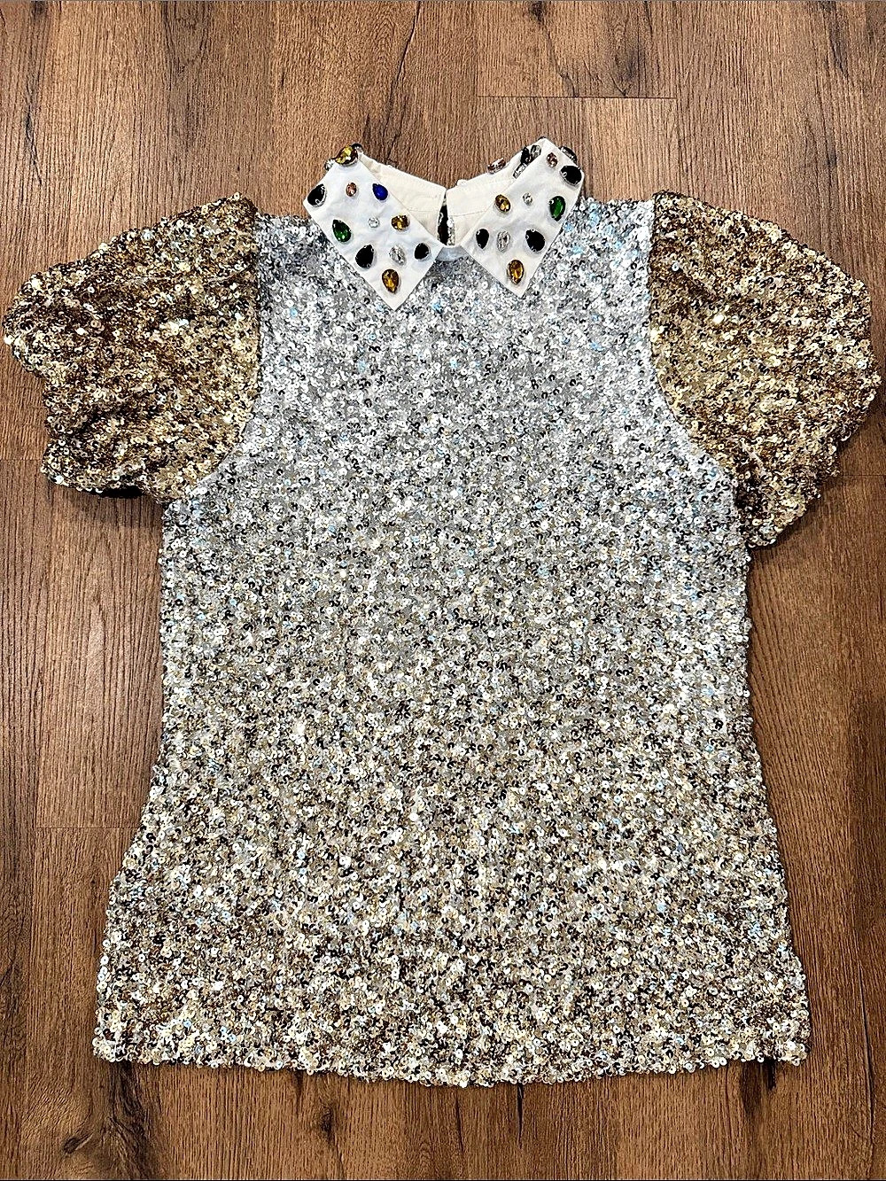 Vivi City Co. Sequin Embellished Short Sleeve Top in Silver & Gold Size Small